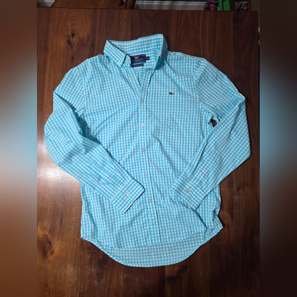 Vineyard Vines Aqua Gingham Whale Shirt Slim Fit Button Down Men's Medium